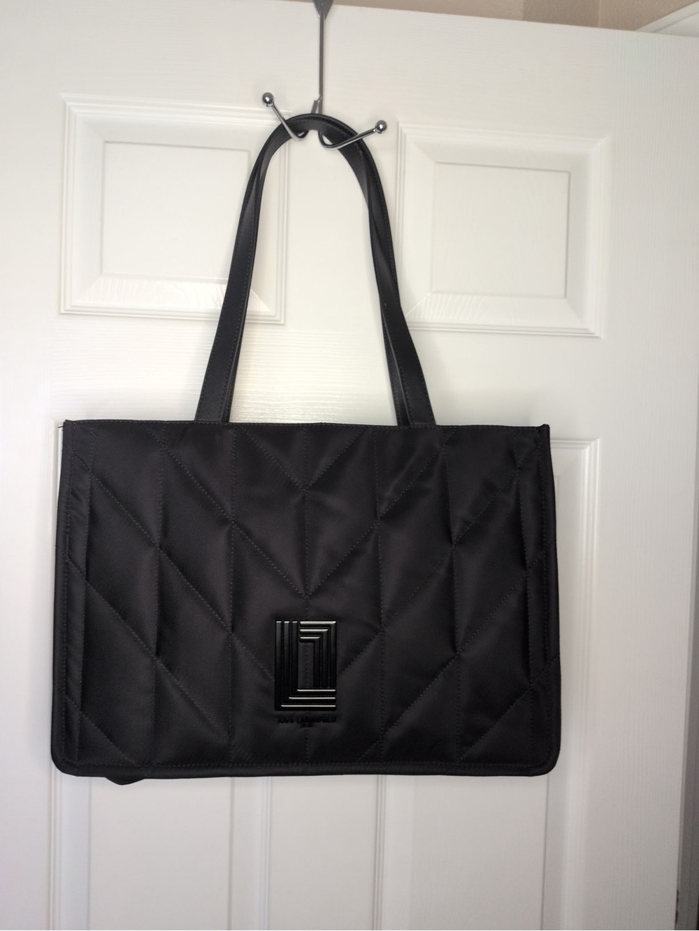 Karl Lagerfeld Black Quilted Tote with Geometric Logo Plaque